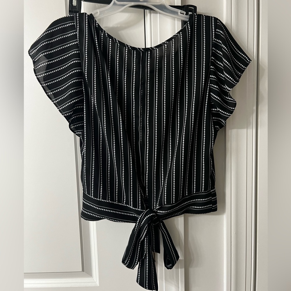 IZ Byer Black and White Tie-back Polkadot Blouse